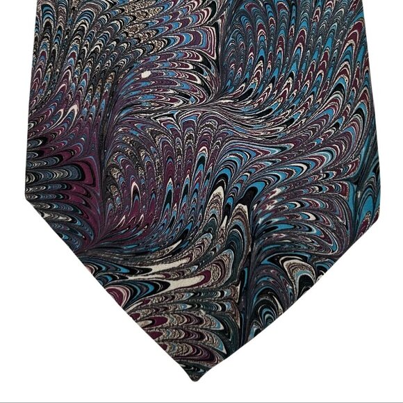 Marbled Masterpieces Men's Blue Marbled Hand Painted Silk Necktie Tie - Picture 7 of 8